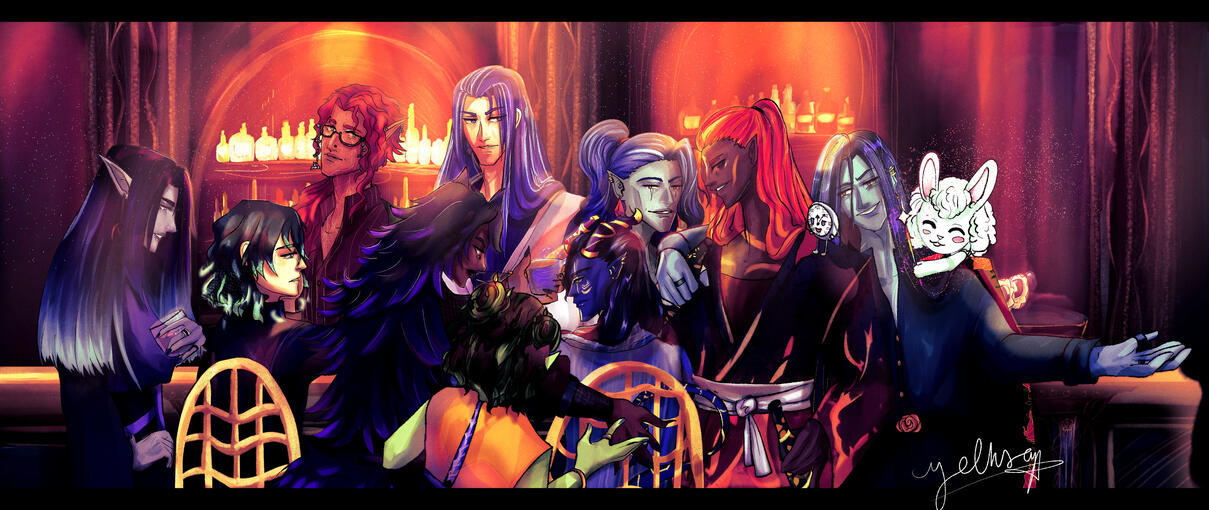 A group gathering in the bar the Golden Serpent belonging to Enzlo. They're all mostly blood hunters barring a couple who are just here for fun. This is for the in game (DND) new years celebration that they usually have in the bar.