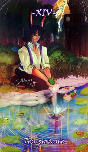 The Temperance tarot card featuring Mellan, a rabbit woman holding a small frog in her hand as she sits before her frog pond. There are more frogs in the pond on top of lily pads and a cat-turtle hybrid she rescued. In the reflection, you can see her disto