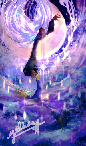 The Lovers Celena reaching down from the moon that pulls her up away from her sleeping lover, Altan