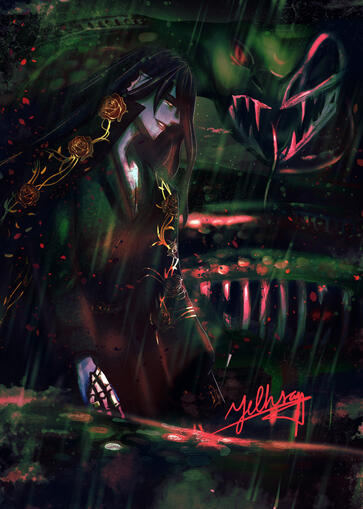 Darys Narkissa, a triton walking to the side of the piece with a large serpent behind him. Half of the snake's face is gone revealing only the skull. There are portions of the body where there is only bone left and no flesh or skin.